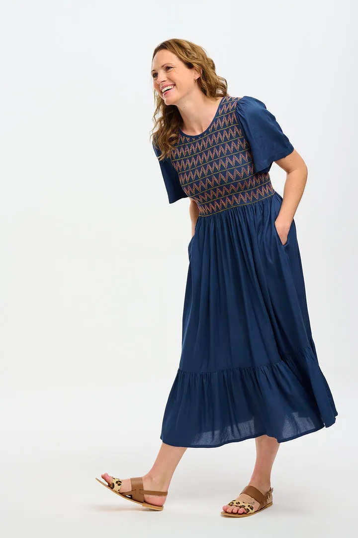 Sugarhill Brighton Brielle Washed Navy Zigzag Shirring Midi Shirred Dress