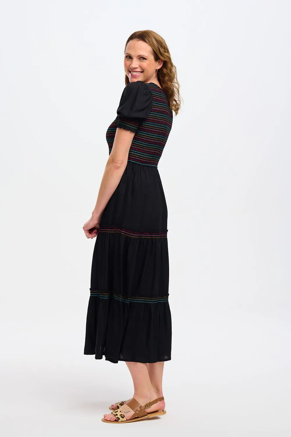 Sugarhill Brighton Harley Black Rainbow Shirring Midi Shirred Dress