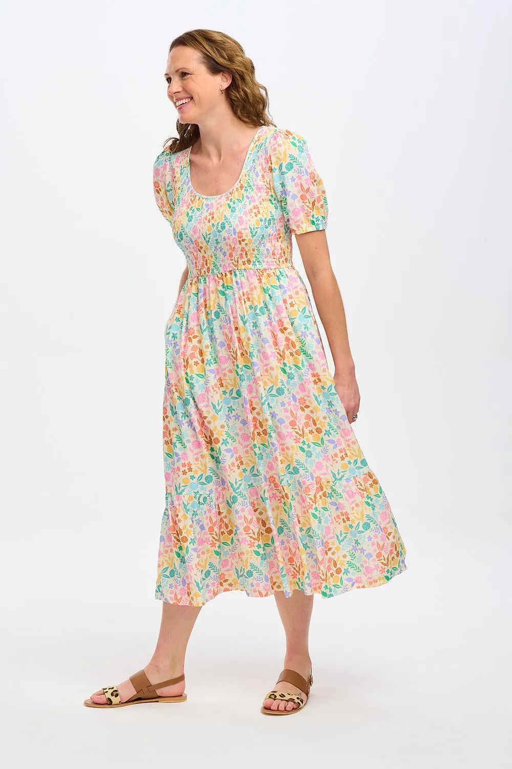 Sugarhill Brighton Patrice Rainbow Botanical Floral Midi Shirred Dress