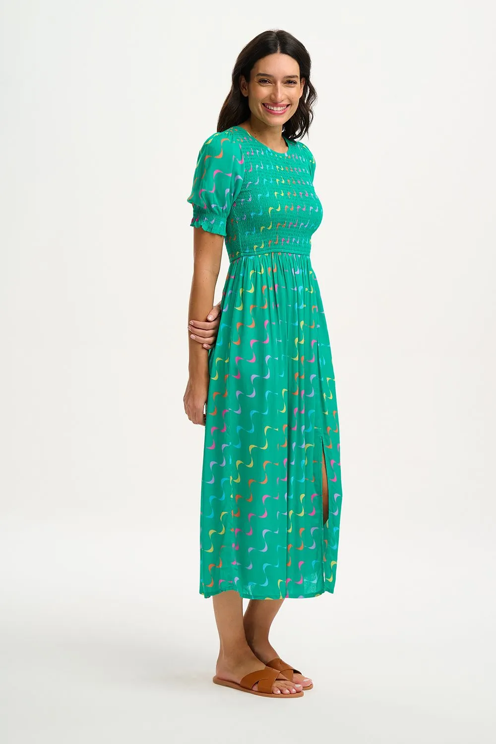 Sugarhill Brighton Rosita Green Undulating Waves Midi Shirred Dress