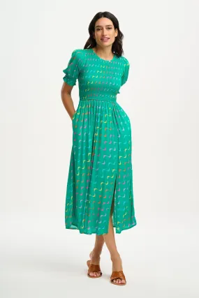 Sugarhill Brighton Rosita Green Undulating Waves Midi Shirred Dress