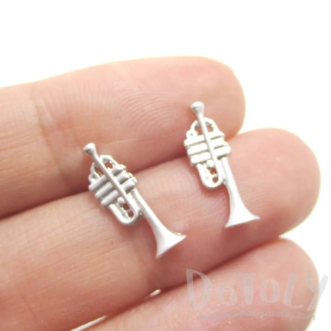 Tiny Trumpet Shaped Stud Earrings in Silver | Music Themed Jewelry