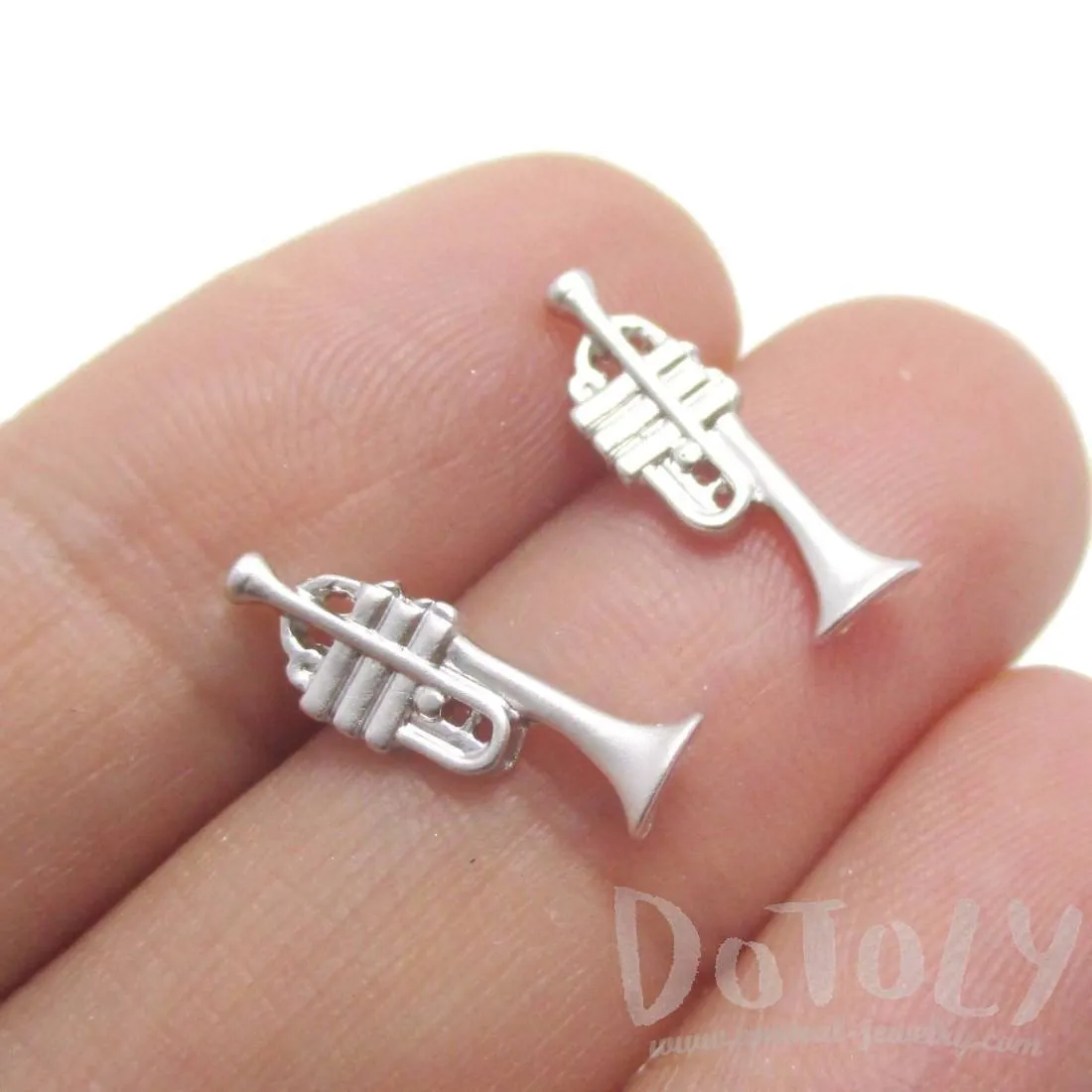 Tiny Trumpet Shaped Stud Earrings in Silver | Music Themed Jewelry