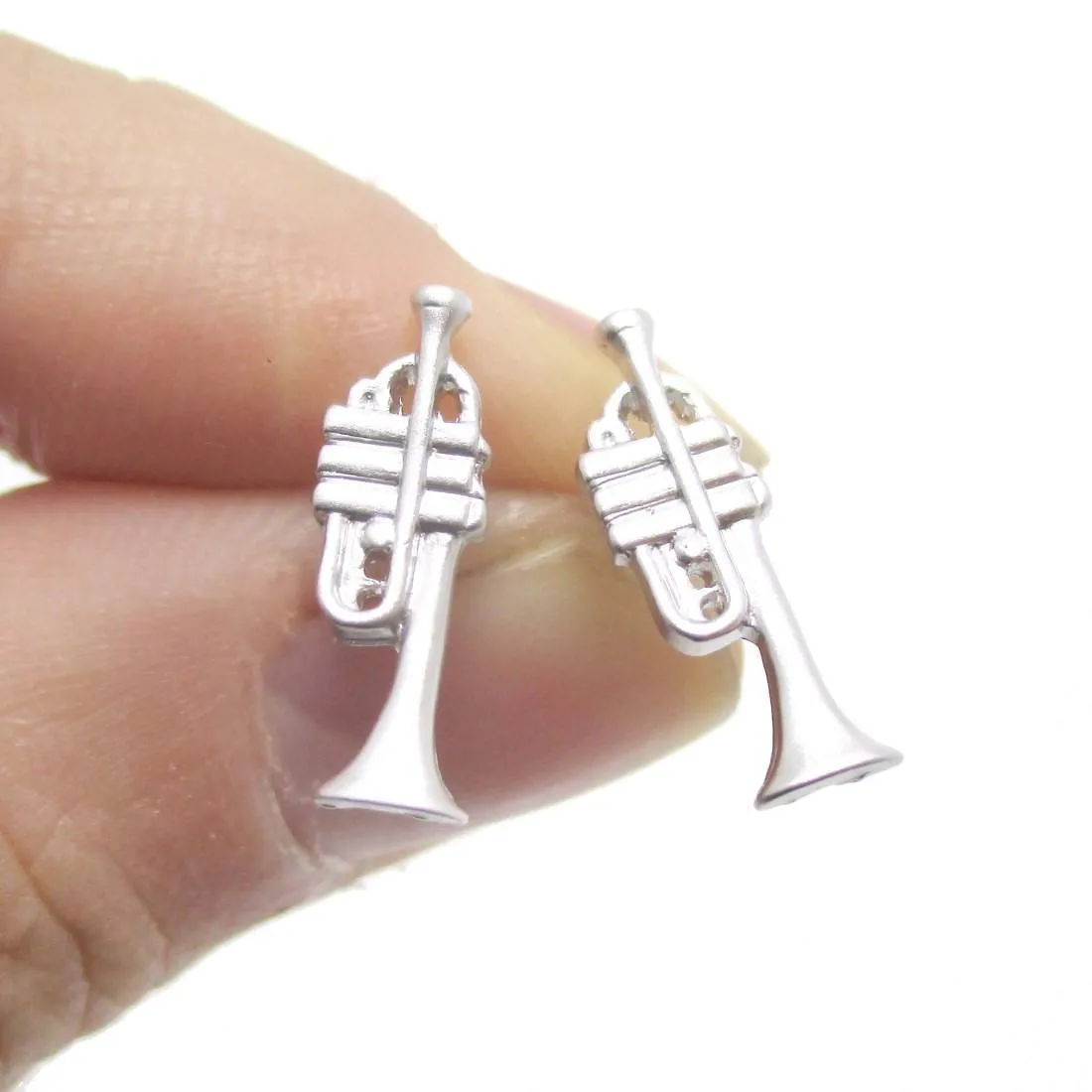 Tiny Trumpet Shaped Stud Earrings in Silver | Music Themed Jewelry