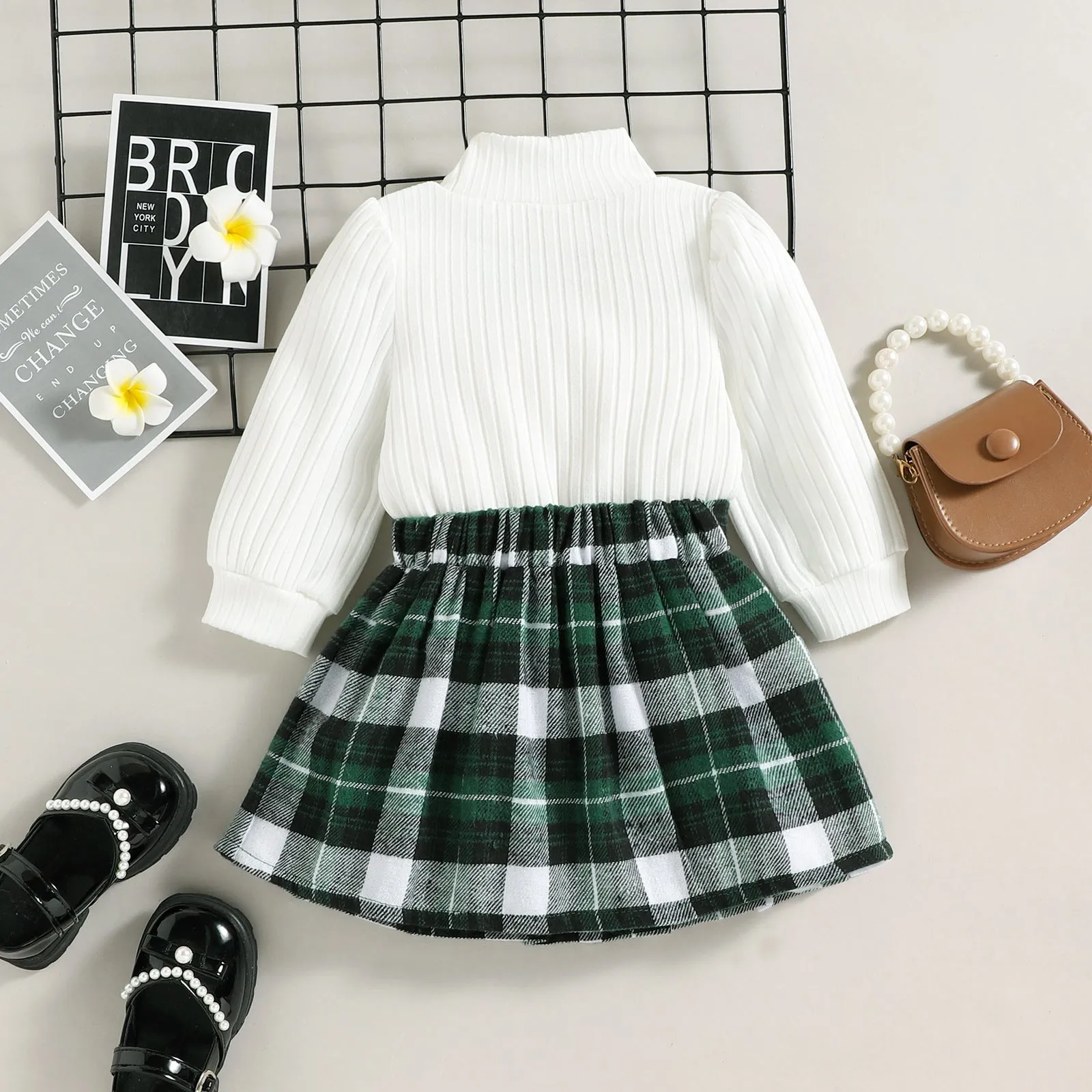 Toddler Girls Solid Color High Collar Long Sleeve Plaid Printed Pleated Skirt Suit