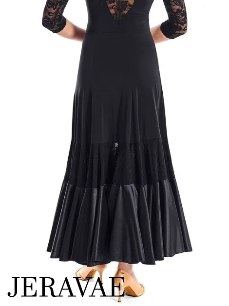 Victoria Blitz Frame Black Ballroom Practice Skirt with Panel of Stretch Lace, Satin Hem, Elastic Waistband, and Wide Skirt PRA 727 In Stock