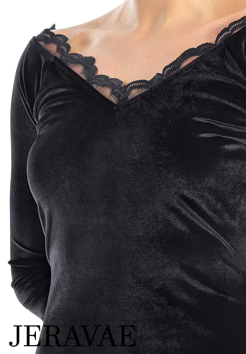 Victoria Blitz Page Black Velvet Ballroom Practice Top with V-Neckline, Scalloped Lace Trim, and 3/4 Sleeves PRA 738 in Stock