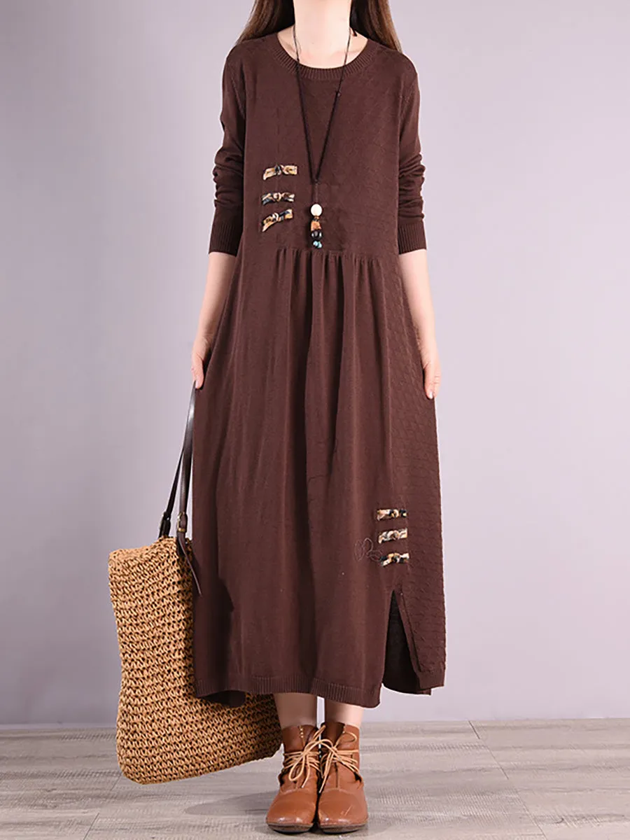 Women Autumn Vintage Pleated Solid Sweater Dress