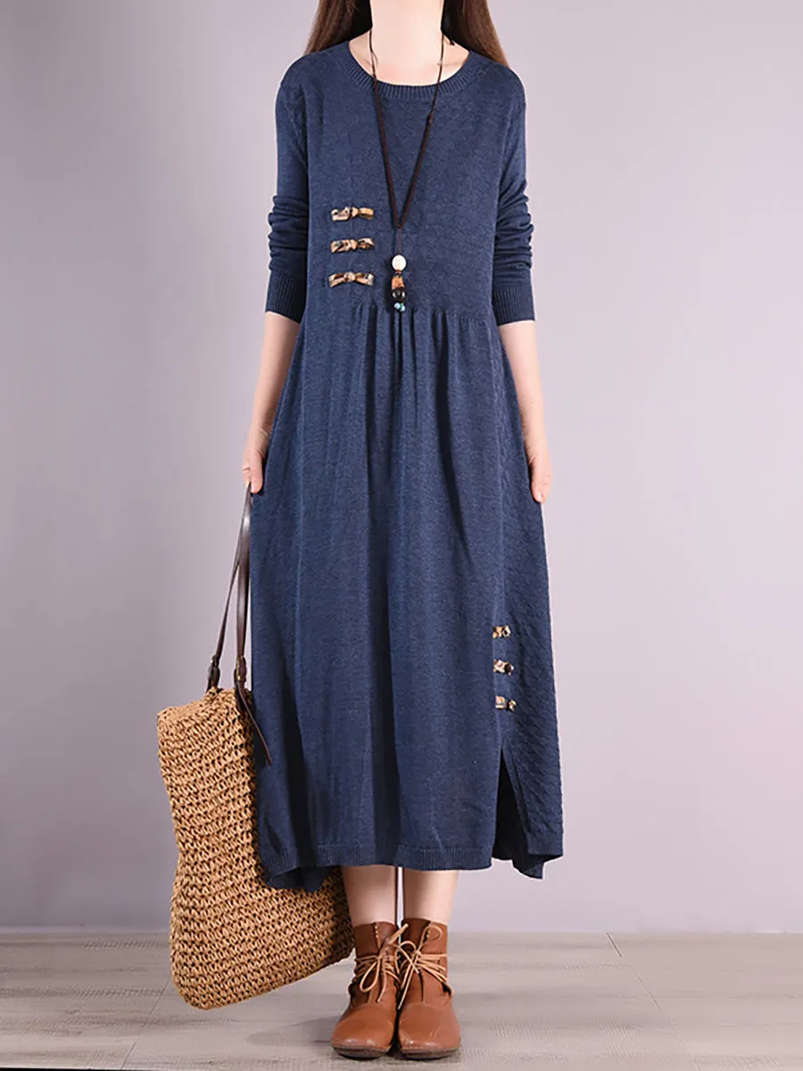 Women Autumn Vintage Pleated Solid Sweater Dress