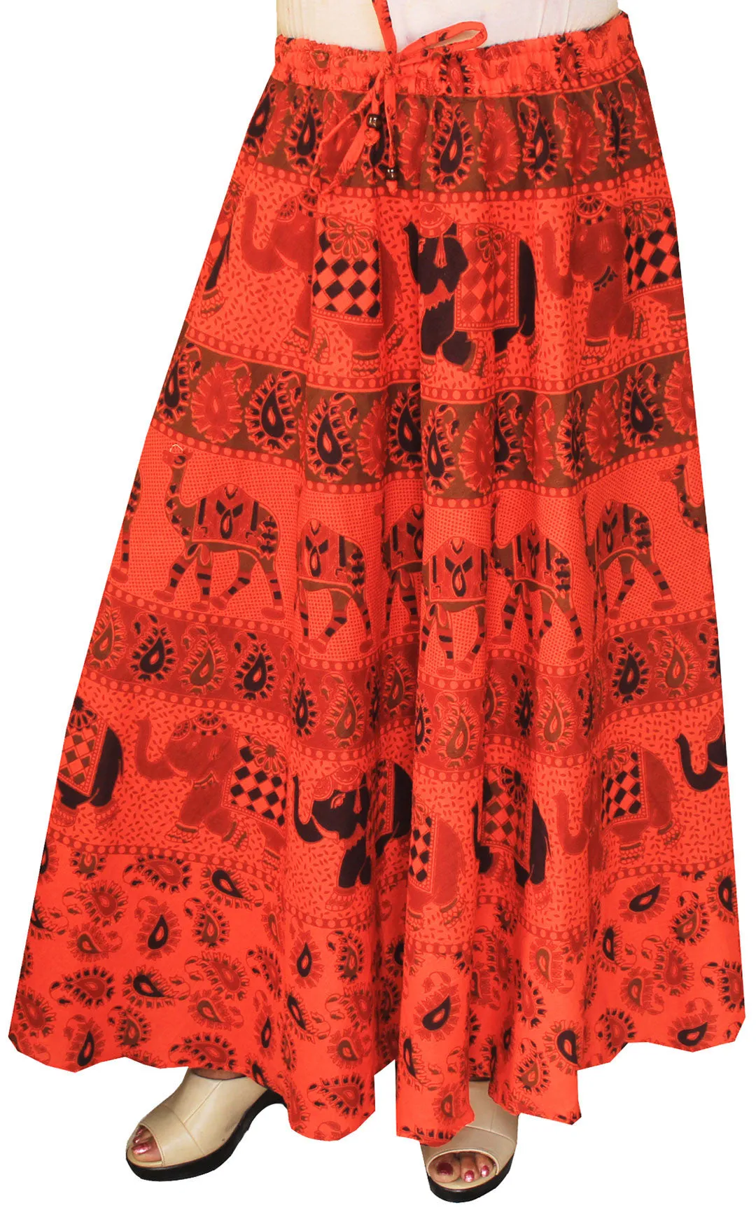 Women Printed Cotton Long Skirt India Clothes (Orange)